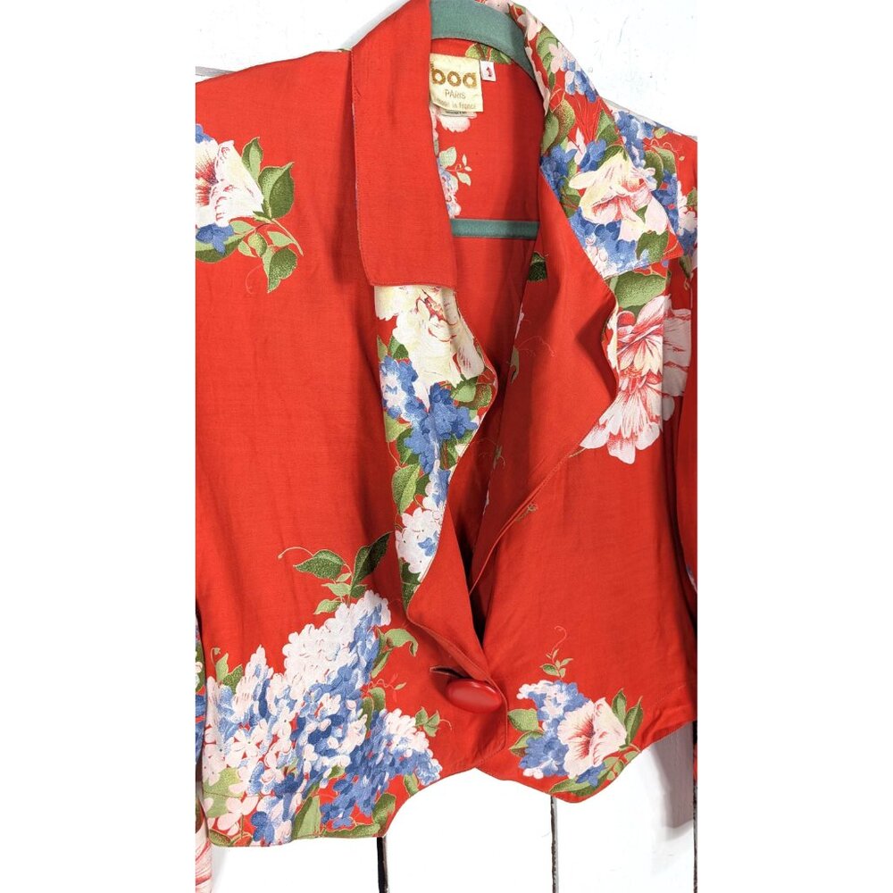 Vintage Paris France red floral cropped shirt blazer top - Picture 4 of 7